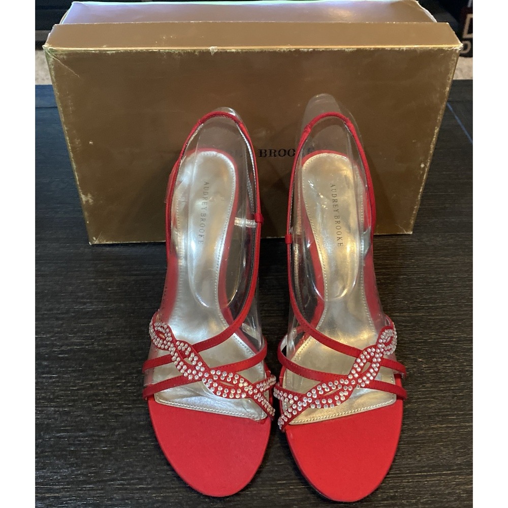 Audrey Brooke Red Satin Rhinestone Strappy Heels Sandals Women's Size 10‎ New